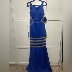 Blue Terani Couture Evening Gown with mesh detailing